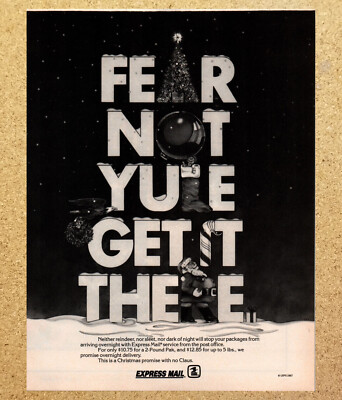 USPS Christmas Fear Not Yule Get It There - Magazine Print Ads Ephemera Art 1987