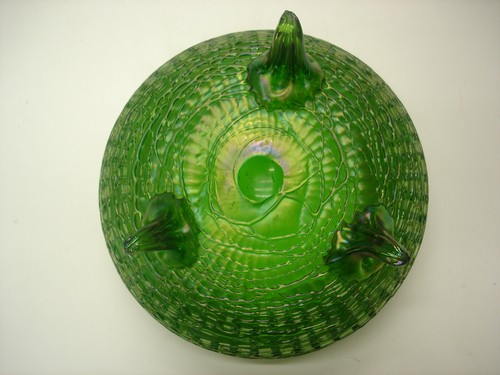 Old Loetz Big Threaded Green Bowl Rear Iridescent Antique Cabinet Peace Nice - Picture 5 of 11