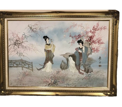 Vintage Japanese Oil Painting – Child and Woman Scene – 32×41 cm
