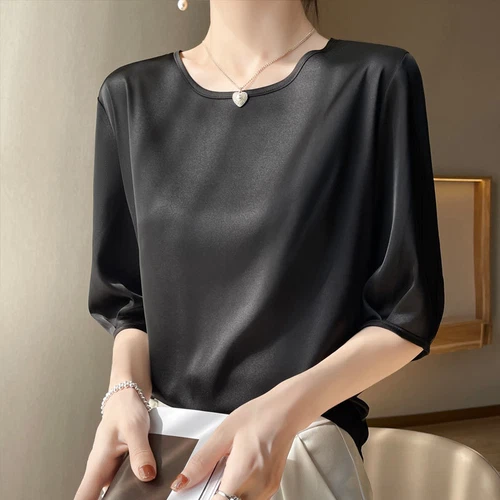 Women's Summer Round Neck Silk T-shirt Half Sleeved Shirt Loose Bottomed Top - Picture 3 of 22