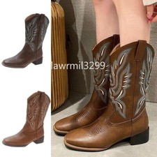Womens Western Mid Calf Cowgirl Boots Ladies Embroidered Chunky Heel Warm Shoes
