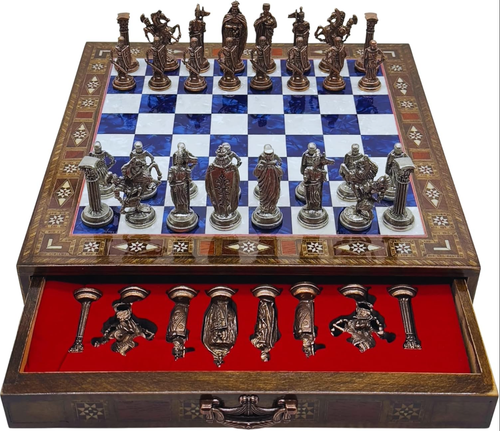 15’’ Handmade Chess Set, British Army Metal Pieces, Storage Wood Board, Blue - Picture 2 of 5