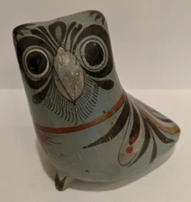 Vintage Mexican Hand Painted Tonala Pottery Owl Blue Turquoise
