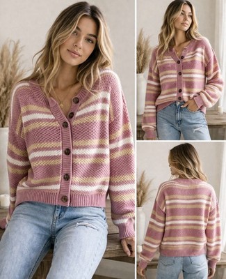 Free People NWT Pink Striped Cropped Cardigan Size Large Boho Cozy