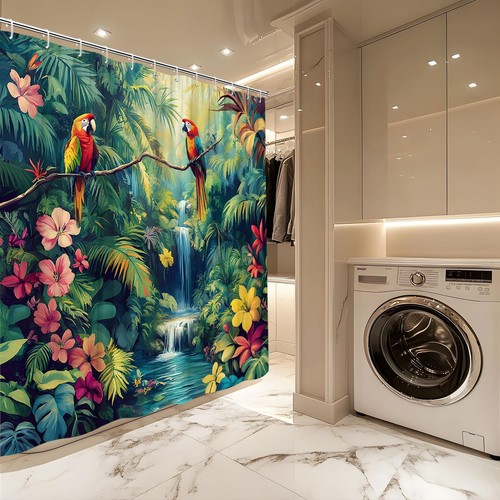 Jungle Parrot Shower Curtain Tropical Bird Forest Waterfall Green Leaves Rain... - Picture 4 of 5
