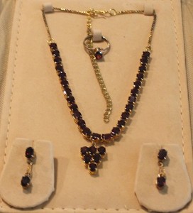 Authentic Red Simulated Garnet Gold Plated Necklace, Earrings andRing 14" K. Chandrakant