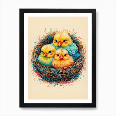 Drei Küken im Nest Kunstdruck gerahmt Wandbild Poster Leinwanddruck Bild