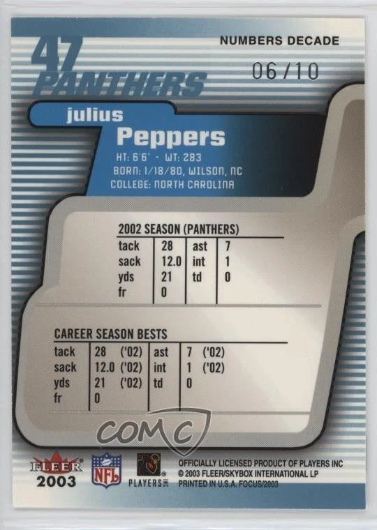 2003 Fleer Focus Numbers Decade /10 Julius Peppers #47 HOF - Image 2 of 2