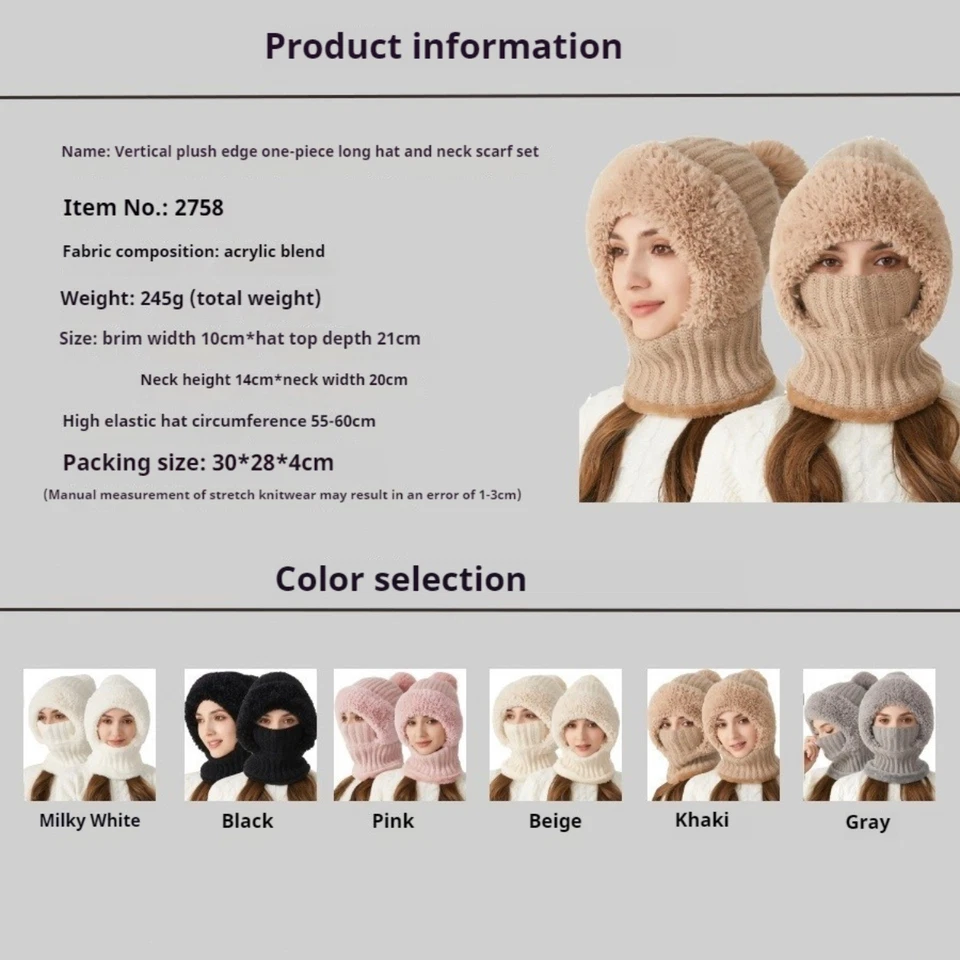 3 in 1 Women Beanie Cap Bobble Scarf Mask Set Knitted Winter Warm Snow Ski Cap - Image 3 of 4