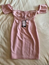 NAANAA Pink Mesh Bardot Bodycon Dress UK 8 – Lace-Up Front – New with Tags