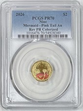 2026 NIUE MERMAID PINK TAIL $2 GOLD COIN PCGS PR70 REV PR COLORIZED 2G / 22K