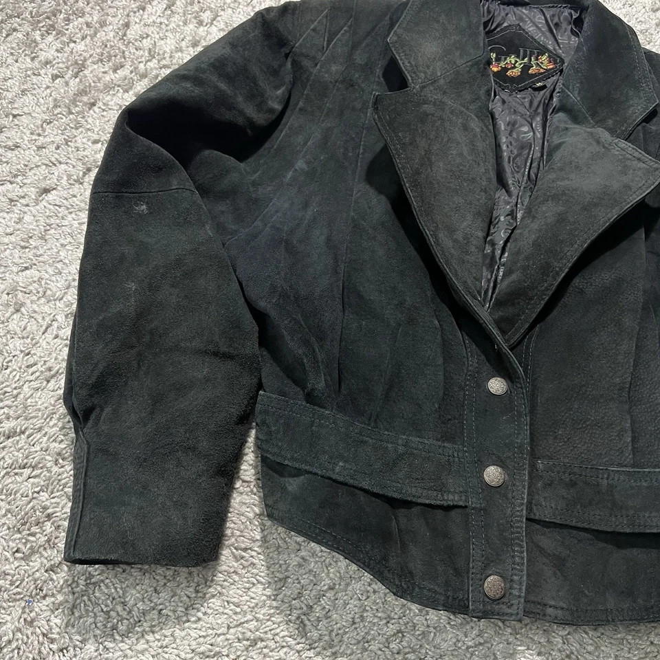 Chaqueta de Cuero G-III De Colección M Gamuza Recortada Moto Negra Para Mujer Snap Y2k Años 90 Foto 3 de 4