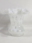 White Opalescent Coin Dot Vase with Ruffled Top Edge by Fenton 6"