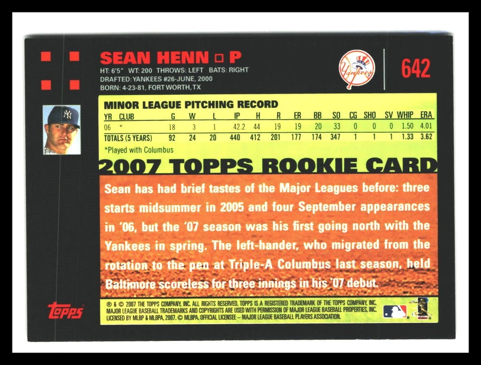 Sean Henn 2007 Topps Red Back #642 RC Rookie New York Yankees - Image 2 of 2