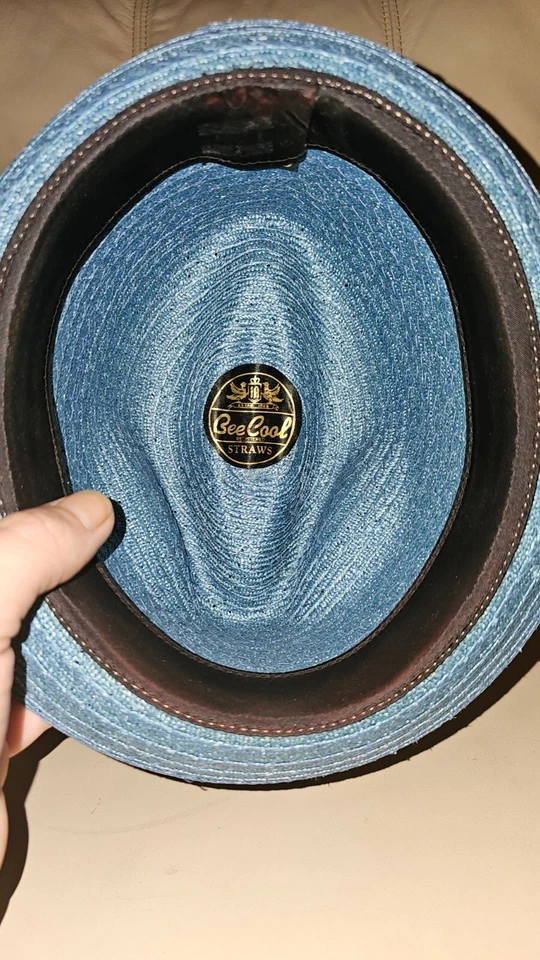 De colección Mid Century Bee Cool Metálico Aqua Paja Ala Tacaña Fedora Talla 63/4 Foto 4 de 4