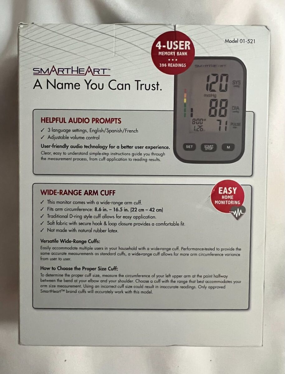 Smart Heart Talking Blood Pressure Monitor 3 Languages w/Wide