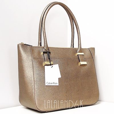 CALVIN KLEIN ANTIQUE BRONZE METAL MEDIUM SAFFIANO LEATHER SATCHEL ...