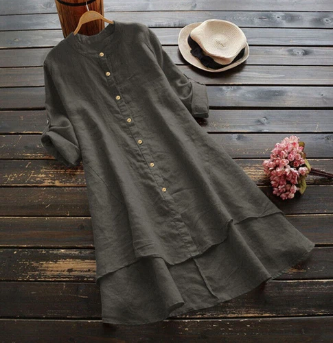 Mujeres Informal Algodón Lino Camisa Vestido Retro Botón Suelto Túnica Blusa Prendas para el torso Playa - Imagen 16 de 40