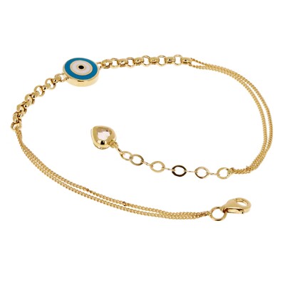 Italian 14k Yellow Gold Double Cuban Chain Evil Eye Charm Bracelet 7.5'' 3 grams