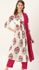 Indian Pakistani Women White Pink Floral Kurta/Kurti with Trousers Dupatta