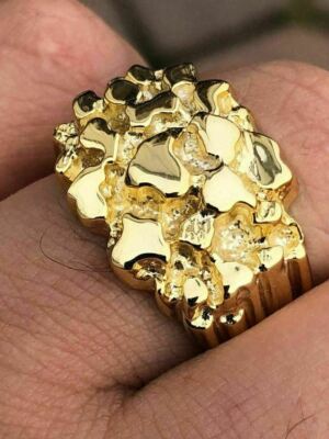 Anillo Nugget Diseño Para Hombre Laminado En Oro 14K y Plata 925 Solida y Pesada