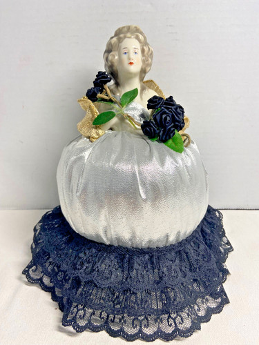 Vintage Victorian Half Doll Pin Cushion With Lovely Gold Shawl & Flowers 8.5"