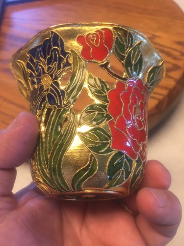 Chinese Cloisonne Cup 3”T X 3.75 W Floral Design - Picture 3 of 10