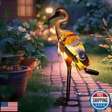 HONGLAND Solar Heron Metal Crane Statue Garden Heron Sculpture, Glass Outdoor