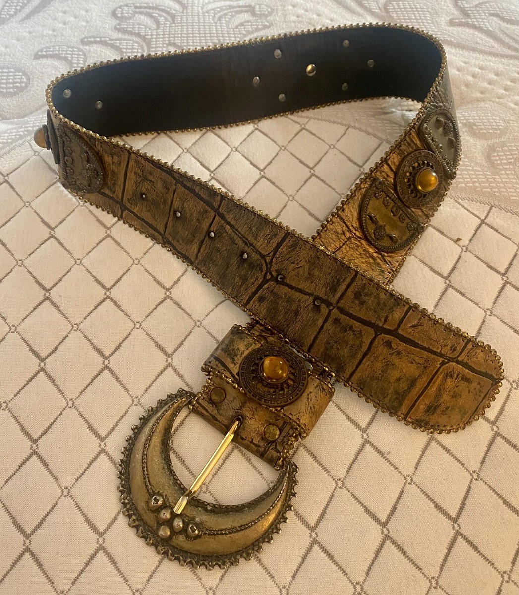 Leatherock Embossed Leather Belt W/ Amber Resin Cabochons  display picture 2