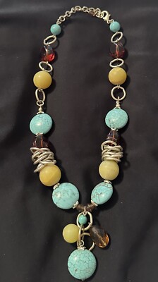 Vtg Turquoise Howlite Statement Silver Chunky Statement Pendant Necklace