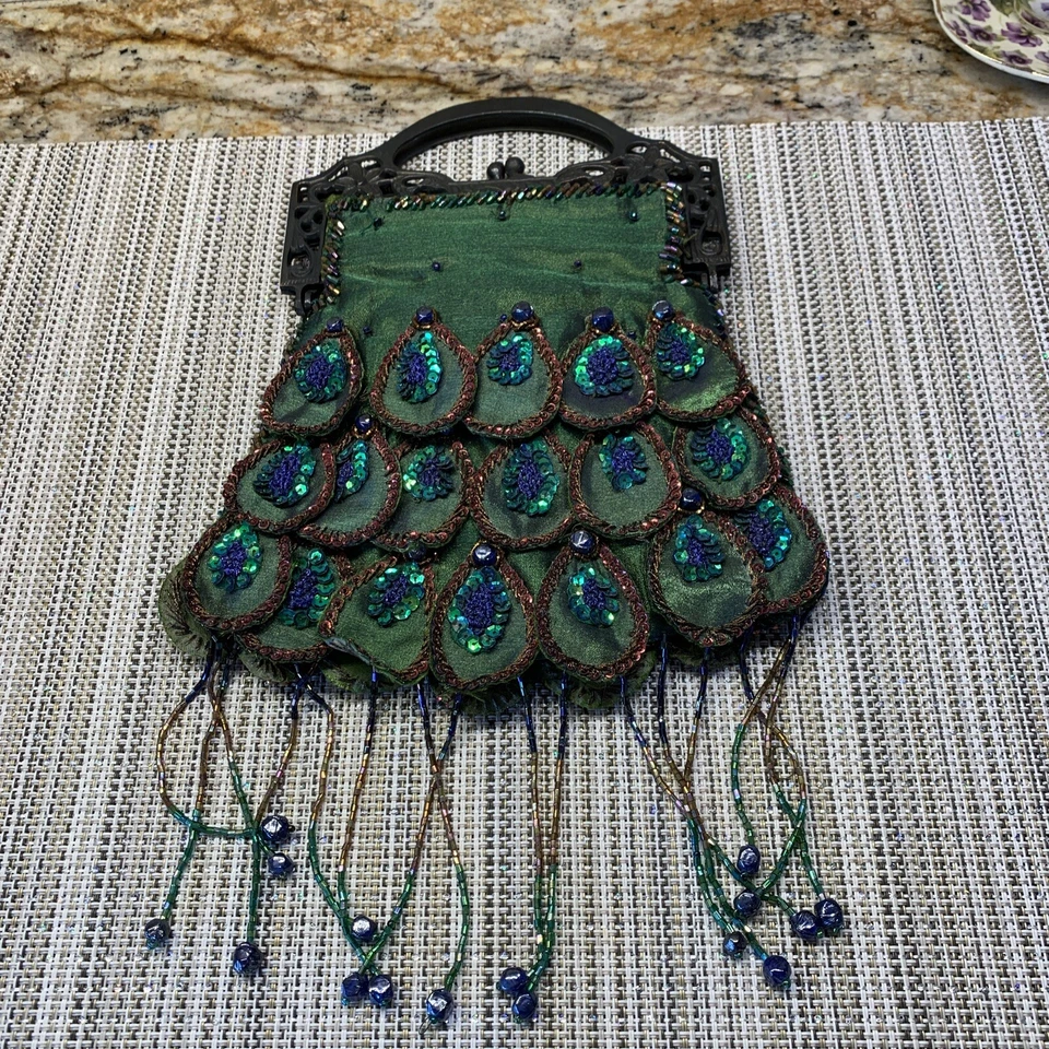 Stunning Vintage Silk & Beaded Peacock Inspired Evening Bag.