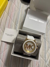 Michael Kors Womens Everest Gold Casual Watch, MK Logo Dial, White Silicone Band
