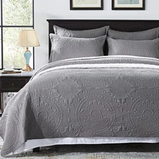 Quilt Queen Size Bedding Set-Grey Embossed, Bedspreads-Lightweight Summer Sof...