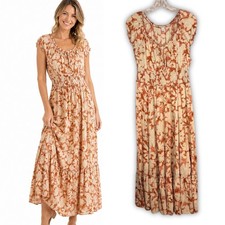 Old Navy Rust Floral Smocked Waist Maxi Dress Flutter Sleeve Medium Peasant