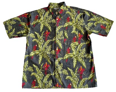 Pacific Scene Men s Shirt Large Red Parrot Palm Print Button Up Cotton Tropical