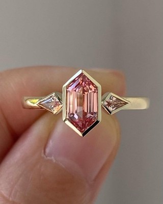 2CT Pink Hexagon Cut Engagement Ring, Three Stone Bezel Set Wedding Ring For Her