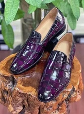 Handmade Purple Leather Shoes Alligator Pattern Slip-On Formal Dress Shoe Men's