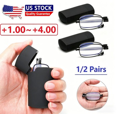 1/2 Pairs Anti-Blue Metal Compact Folding Light Reading Glasses w/Carrying Case
