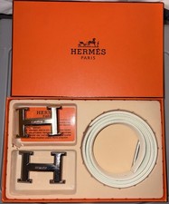 HERMES white On white leather 32MM Double H Buckle Belt 85