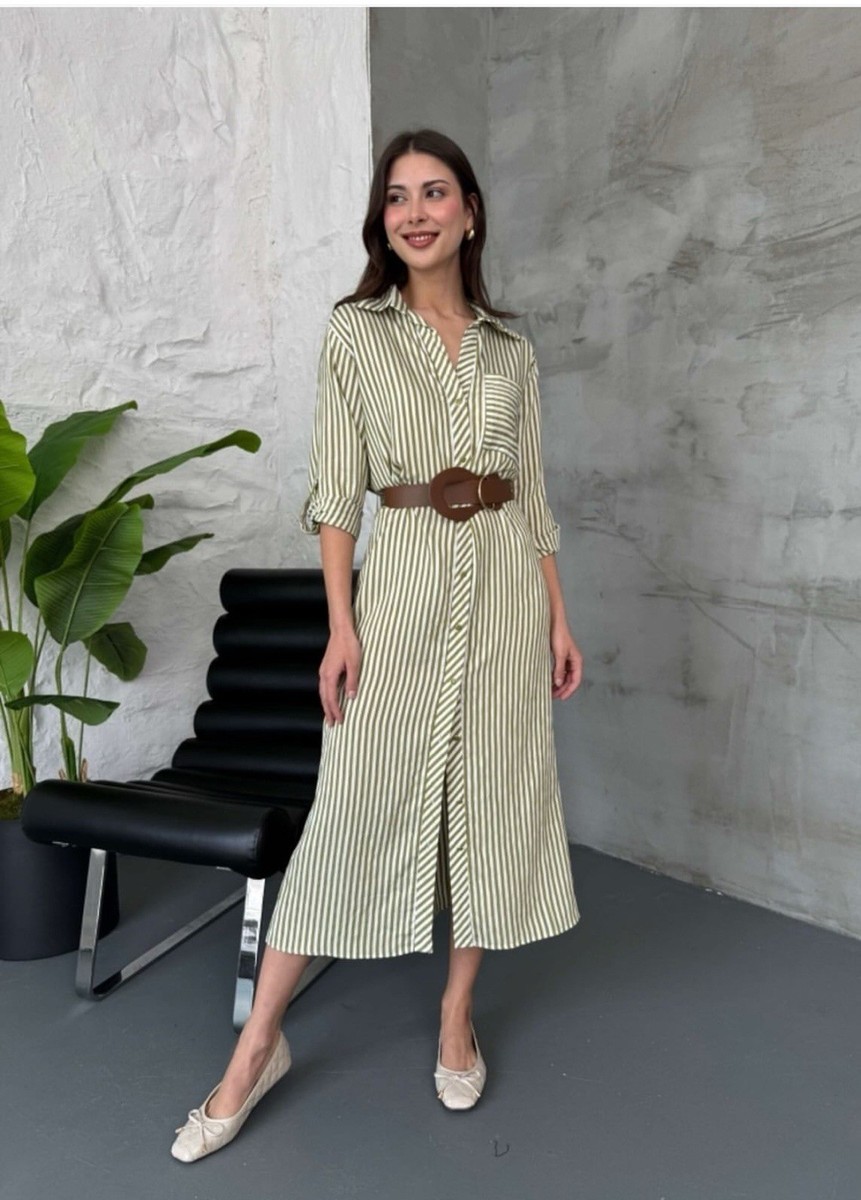 Zara - Belted Striped Midi Dress - Green Stripe - Women