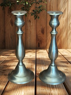 Pair Restoration Hardware Pewter Candle Holders Weighted 10 1/2'' India