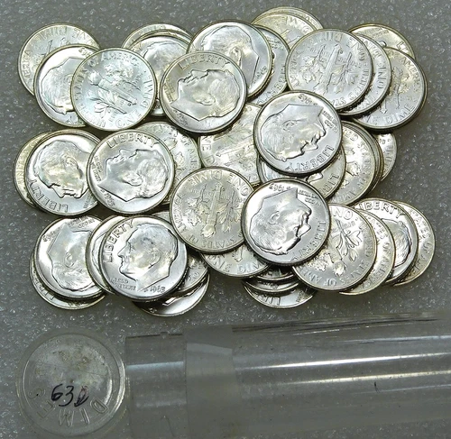 1963 D Roosevelt Silver Dime Original Gem BU roll 50 coins Frosty White #H246B