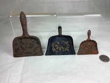 3-1880s-1890s EARLY AMERICAN TIN TOY DUST PANS, 2 EMBOSSED, 1 PAINTED, IVES,S B