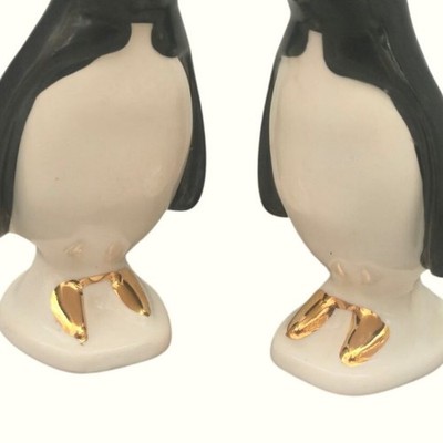 Vintage Penguin Salt & Pepper Shaker Set With Gold Accents 1950s