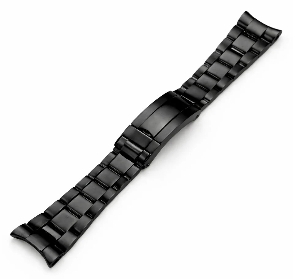 Bracelet de montre noir 20mm courbé style Oyster en acier massif maillons polis