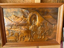 Vintage Copper Relief Western Ox Cart Scene Wall Art 20”x16” Framed