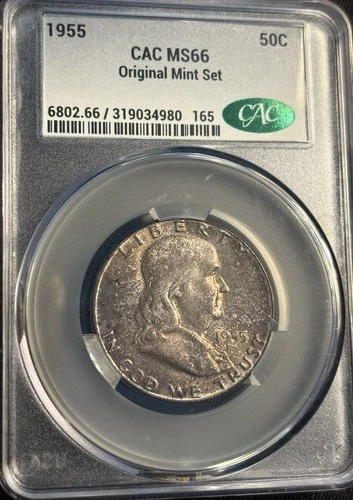 1955 Franklin Half Dollar, CAC Graded MS66 Toned, Original Mint Set,  50C