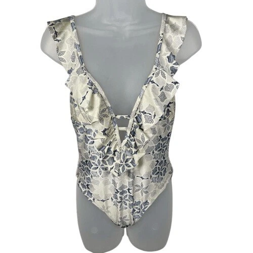 Traje de baño de una pieza con volantes de zafiro Somedays Lovin M azul blanco con volantes boho Foto 2 de 4