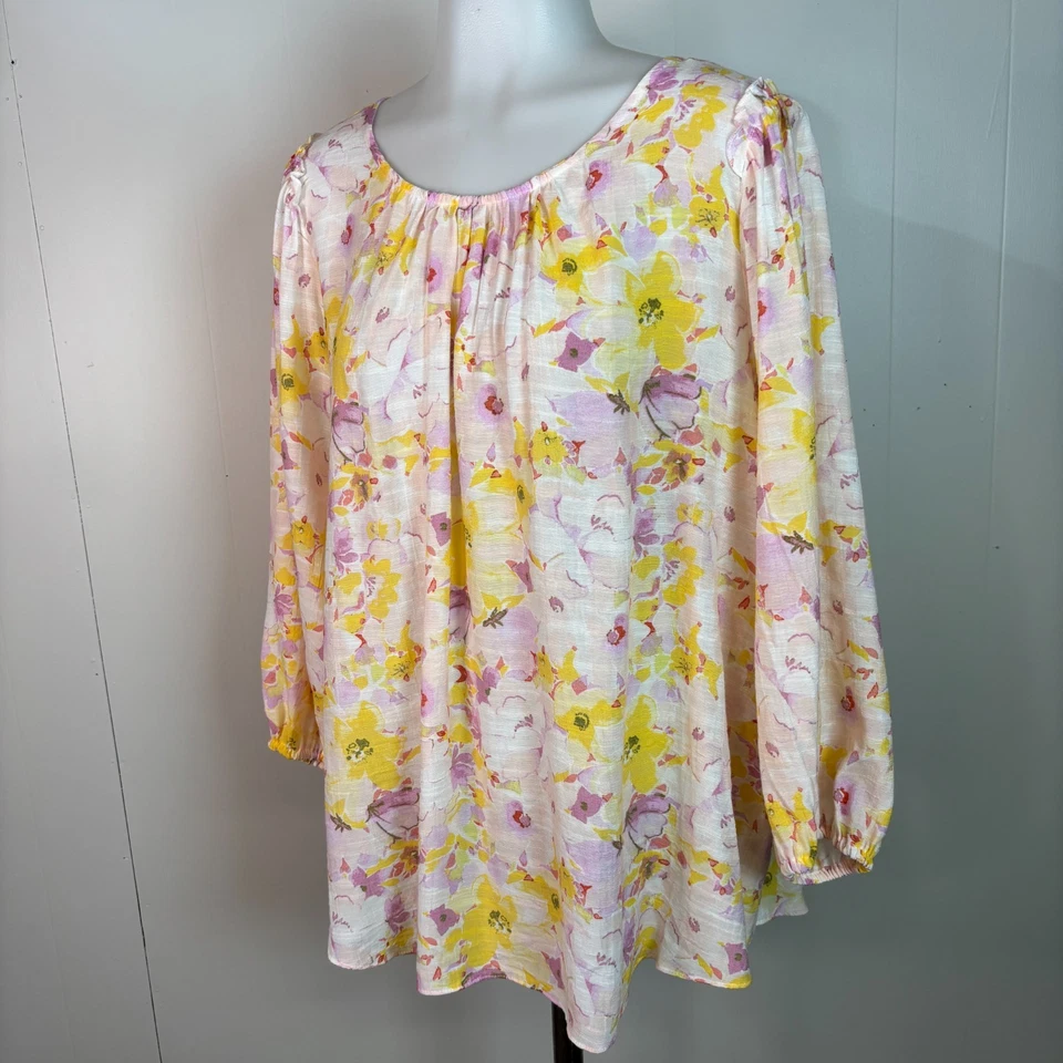 LC Lauren Conrad Топ XL женский цветочный 3/4 рукав блузка розовый желтый - Изображение 3 из 4