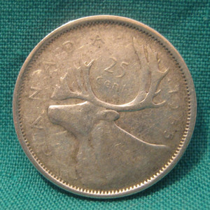 1955 Canada 80% Silver Queen Elizabeth II/Caribou 25c-Circulated-#Can9
